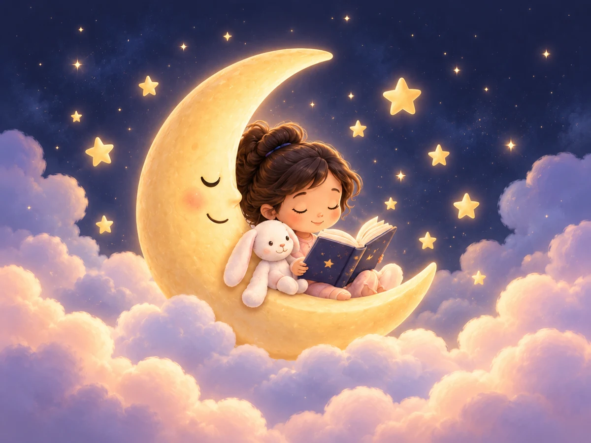 Menina lendo um livro na lua dourada, com seu coelhinho entre nuvens e estrelas.